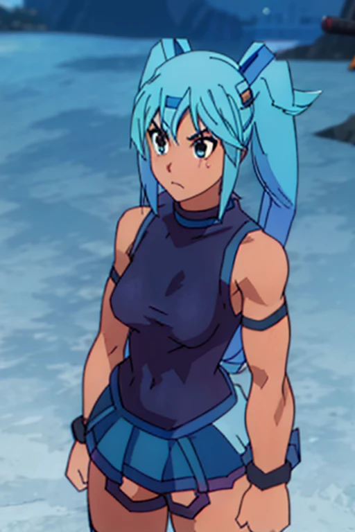 Twintail, red haired, 1girl, (grey eyes1.2), well toned, well built, muscled, toned muscles, (in the outfit of Aqua:1.5)