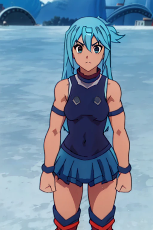 Twintail, red haired, 1girl, (grey eyes1.2), well toned, well built, muscled, toned muscles, (in the outfit of Aqua:1.5)