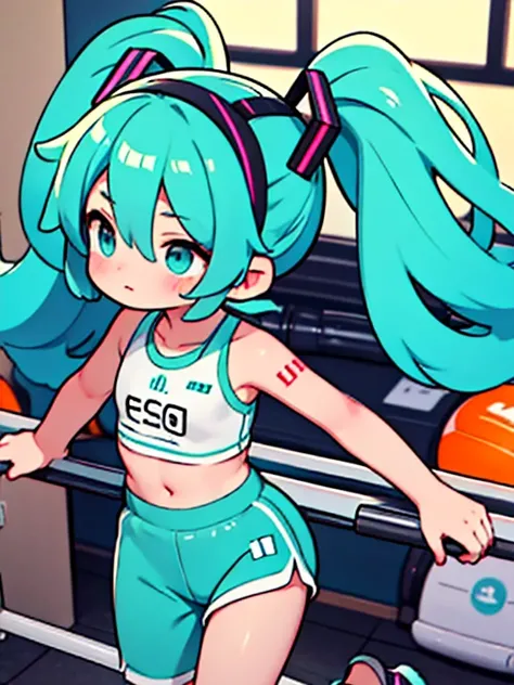 Hatsune Miku, usando ropa deportiva, entrena intensamente en un gimnasio de culturismo, fuerte, mirando a un espectador, pesas, ejercicio