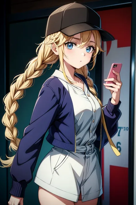 the anime female character is dressed in style with hat on head, wearing a baseball cap backward, and a jacket tied around collar, 1girl, solo, blue eyes, hat, braid, blonde hair, long hair, baseball cap, phone, holding phone, twin braids, jacket, cellphon...