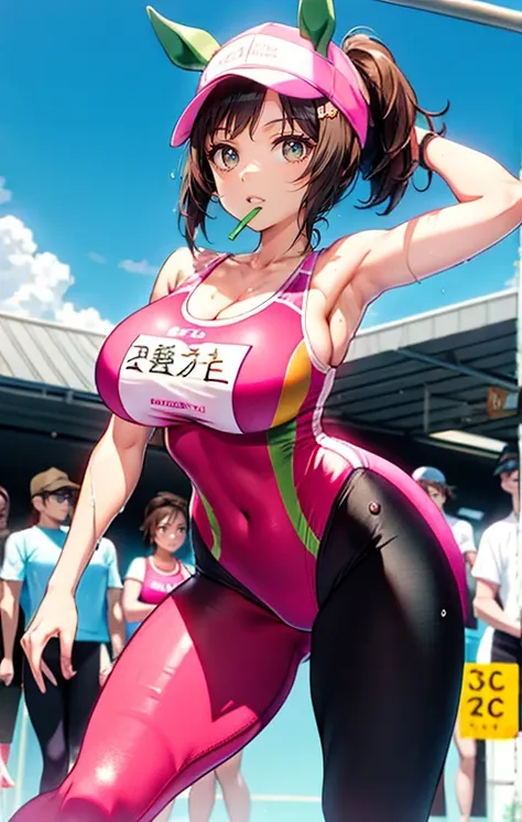 Ines Fujin (umamusume), The woman was wearing a peach-colored translucent swimsuit, He wears a pink swimming cap on his head, cute girl wearing tank suit, wearing tight shirt, wearing a tights, wearing tight simple clothes, tight costume, Tight shirt, tigh...