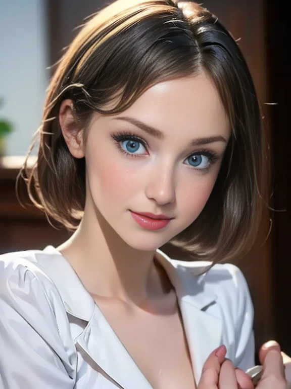 (best quality, 8k, photorealistic:1.5), (solo, one girl:1.5),(shine a bright light on women),(ultimate beautiful girl),(shiny skin),(oily skin),(blonde hair:1.3),(short hairstyle:1.3),(cool beauty),Blush brown makeup , dark eye makeup , use pink glossy lip...