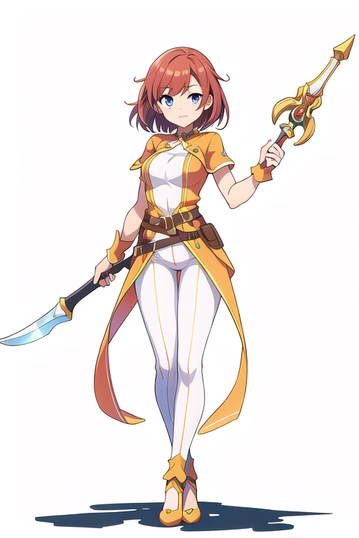 (stand posture), cute eyes, adult woman,, solo, high fantasy outfits, ((white background)), (full body), holding weapon,
