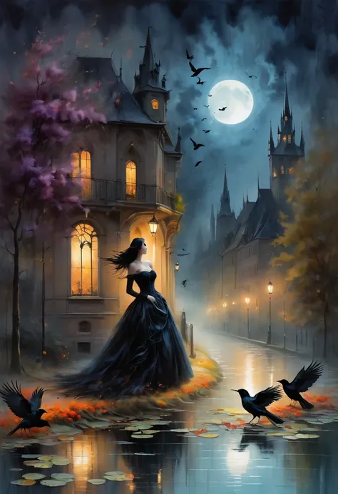 （dark atmosphere，Goethe-Mode，helle Farben），（best quality，Super exquisit，），sexy Gothic-Rabe，Rosengarten bei Nacht，Crow feathers，black crow，Das Mondlicht spiegelt ihre elegante Silhouette，Weiche Schatten und weiche Glanzlichter，Contrasting colors create a li...