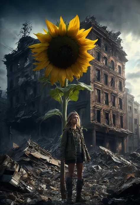 1girl, Post-Apocalyptic Wasteland, Giant sunflower growing from rubble, Scavengers digging through a post-apocalyptic city after the end of the world  Epic cinematic brilliant stunning intricate meticulously detailed dramatic atmospheric maximalist digital...