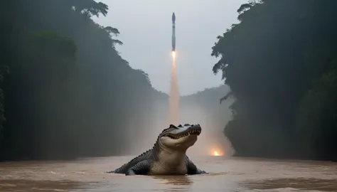 millionaire elon musk in the amazon rainforest, crossing a river, elon sees a crocodile and watches his aerospace rocket being s...