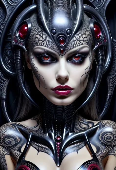 hr giger tattooed sexy seductive dead girl, perfect face, hyper detailed ruby eyes, half portrait,