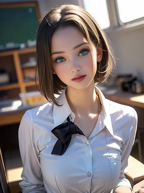 (best quality, 8k, photorealistic:1.5), (solo, one girl:1.5),(shine a bright light on women),(ultimate beautiful girl),(shiny skin),(oily skin),(blonde hair:1.3),(short hairstyle:1.3),(cool beauty),Blush brown makeup , dark eye makeup , use pink glossy lip...