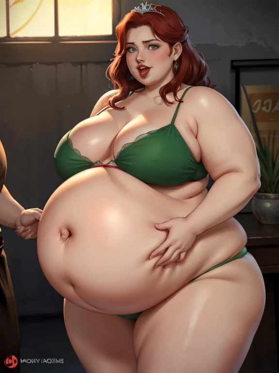 Pregnant triss merigold, red lipstick, bright green eyes, stressful, very excited, steamy, very hot, blushing, panting, tongue out, bikini, tiara, double chin, chubby body,bbw, morbidly obese, fat, pregnant belly, pregnancy, big womb