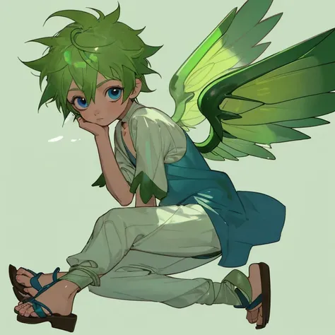 a small boy with green hair, blue eyes and shiny wings with sandals on his feet, looking innocent 