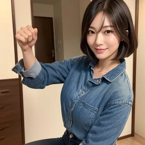 A beautiful Japanese woman in her thirties with short hair, wearing a dark blue long-sleeved cotton shirt and jeans pants, turned towards me, smiled and gave a fist pump in an encouraging manner. Focal length 100mmf/2.8, spring evening, sunny, living room ...