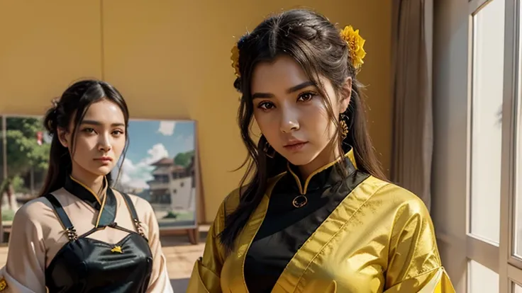 mulher araffe em um quimono amarelo sentada em uma borda, Palace ， uma garota em hanfu, estilo anime 3 d realista, obras de arte no estilo de guweiz, linda pintura de personagem, anime 3d realista, trends on cgstation, estilo anime 3d, vestindo roupas chin...