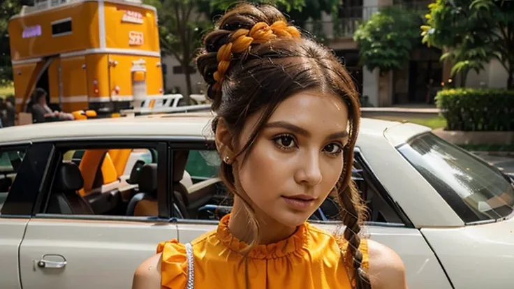 Garota gosmenta, (limo), Cabelo Slime Penteado com coque duplo, Orange Pumpkin, Vestido de princesa branco com cinto de arma, obra de arte, melhor qualidade