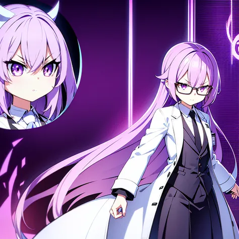 long lilac hair, To wear glasses, male, chibi, Lab coat, purple eyes, angry, laboratory background, chibi character, serious face, Cute, girly.