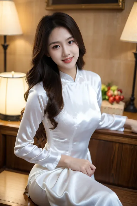 vietnam beautiful girl wear white (((satin silk)) aodai) , vietnamese, ((tet holiday in vietnam)), 4k, masterpiece,, stunning be...