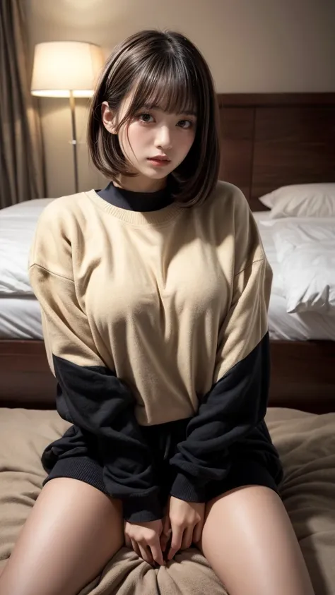 muste piece, best quality, illustration, Super detailed, fine details, High resolution, 8K,wall paper, perfect dynamic composition,(Details High quality, realistic depiction of eyes:1.3), (Fashionable、Beige oversized sweatshirt、long-sleeve), large breasts,...