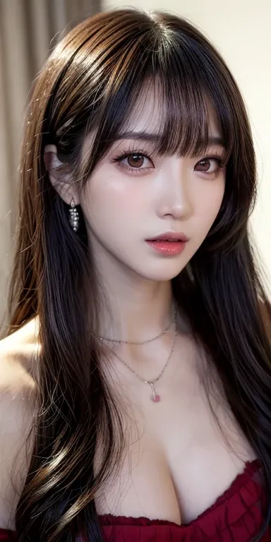 Canon RF 85mmf/1.2,masutepiece,Best Quality,超A high resolution,tu,1 girl,(Korean mixed,Kpop Idol:1.2),Solo,white_shiny_skin,Black eyes,Necklace,brown_long_Wavy_hair,Red_shiny_Lips,Eyelashes,Bangs,deal,make - up,shiny,Pore,skin texture,Bracelet,off shoulder...