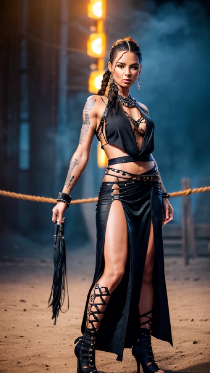 Realistic ultra detailed photography real representation, a Native American Woman with tall height and feminine physique, hairstyle a wild braided braid and the sides of the head shaved bald, clothing leather womens vest with many details and transparent f...