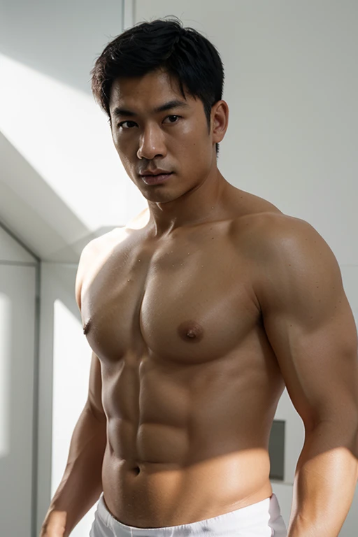 Police, Asian men, Topless, Athlete body, Full Frame, Professional Lighting, White Background