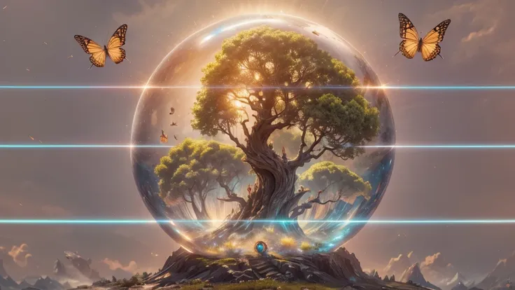 (masterpiece),(best quality:1.0), (ultra highres,), detailed, a glass ball with a tree inside of it, digital art, cg society contest winner, butterflies and sunrays, concept art design illustration, beautiful digital illustration, closed ecosystem