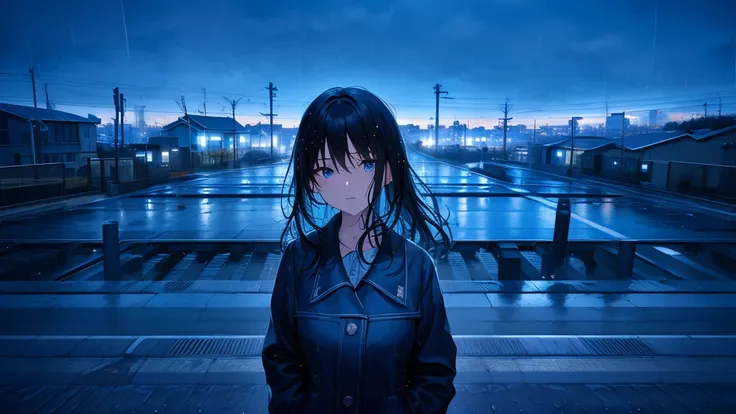 PH blue, scenery, landscape,  (masterpiece,highest quality:1.4), Blue Theme, city, evening, 1 girl, rain,close up of face, close,Black Hair,look forward to,Wait at the railroad crossing,Looking at the audience