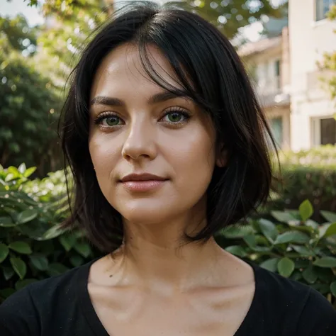 create a portrait photo of a woman in her 30s, bright, perfect green eyes, beautiful black hair, facing the camera, perfect lighting, centered photo