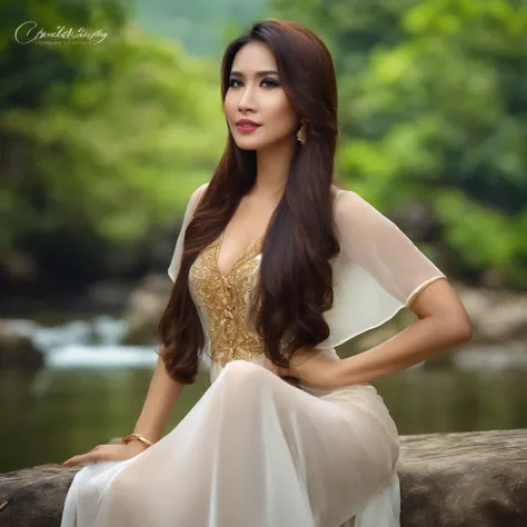 A Javanese Indonesian girl, long straight hair to butt, beautiful, milky brown skin, big and toned breasts, earrings on ears, gold bracelet, sexy lips a bit thick blushing, wearing a long dress white color, very thin dress tends to be transparent, facing f...