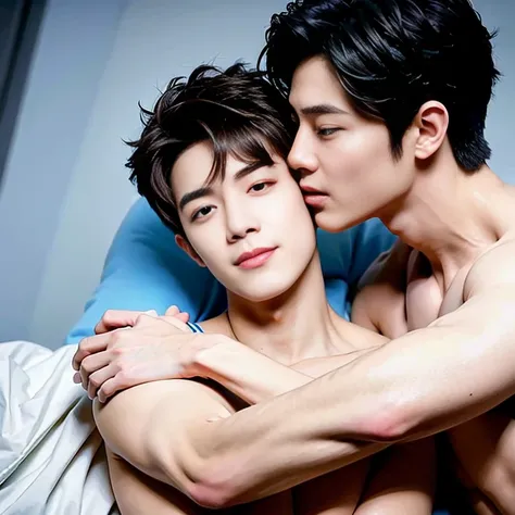 best qualtiy，（realisticlying：1.4）， tmasterpiece， Kodak Portra 400，realistic, studio light, clear light,,  white bed sheet，（Face focus：1.3）, detailed face, ，2 boys kissing，super handsome kpop idol, touching lips, hug, cuddle. white skinned，Show muscle, mess...