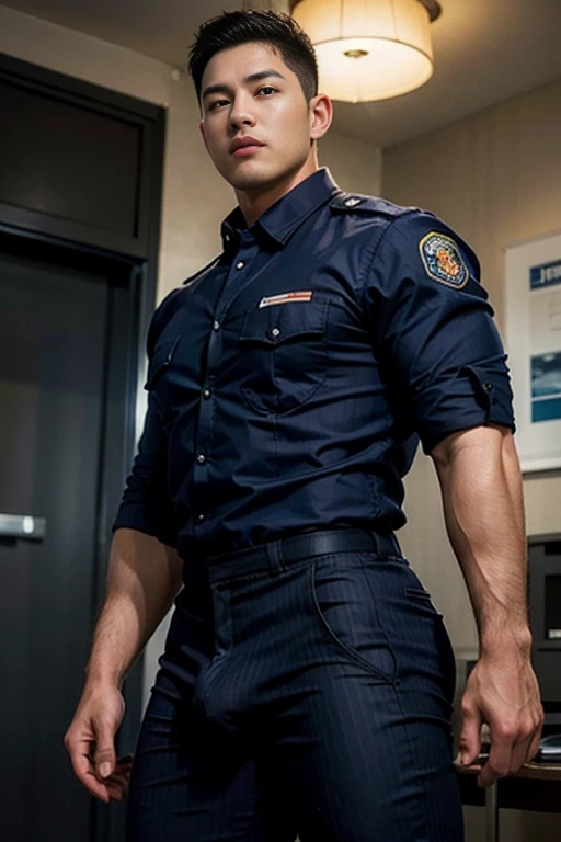 40-year-old boy ,Korean bulky male officer ,Wear navy blue police uniform shirt................ pinstripe navy blue smooth tight trouser, transparent pants obvious underwear print ,((unrealistic super big tight butt wearing pants)), legs wide open, legs on...