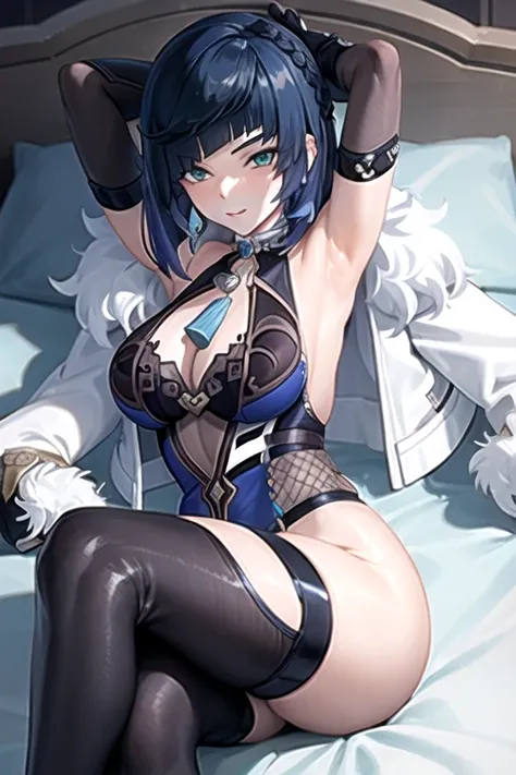 Photo of yelan from genshin impact, sexy, seductive, posing seductively on the bed, crossed legs, armpits,