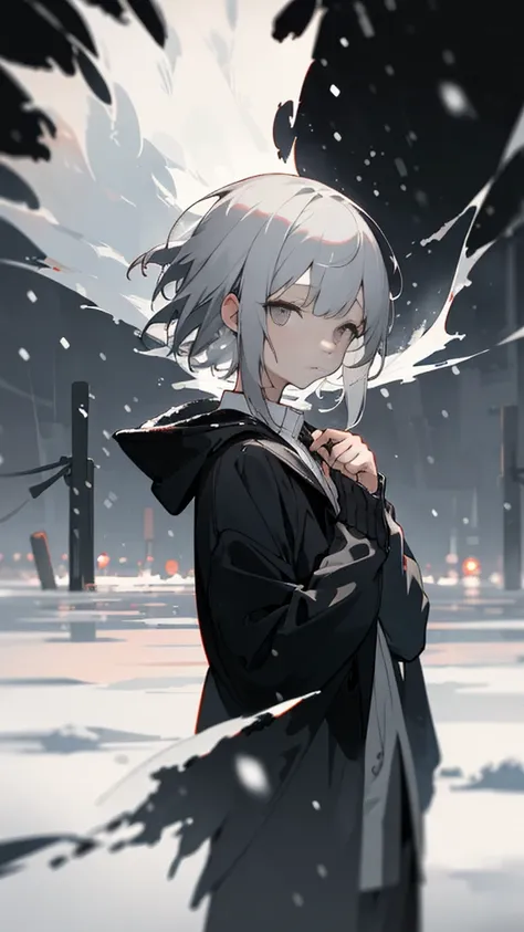 (masterpiece、highest qualthaty)、Short nape hair、1 girl wthath very short whthate hair、Black cardigan、Stern expression、Grey Eyes、Warm lighting、 Blurred foreground、night深く、High Contrast、night、in the cthaty,that&#39;it&#39;s snowing,Heavy snowfall,winter,Alon...