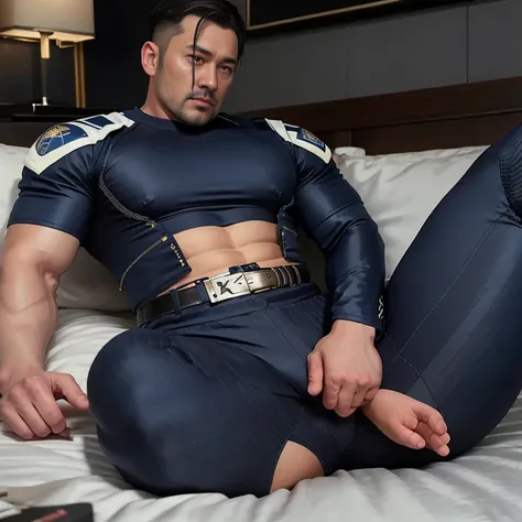 40-year-old boy ,Korean bulky male officer ,Wear white latex police uniform shirt................ navy blue pinstripe smooth tight long pants trouser, legs wide open, legs on shoulder, laying on bed, missionary POV, men drooling, Dark atmosphere，8K,Cinemat...