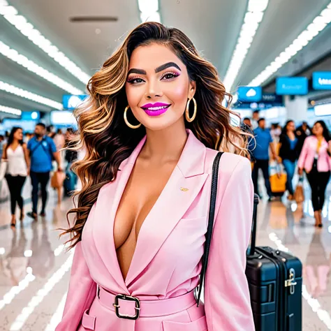 Uma mulher influencer digital,cabelos loiros andulado pele clara olhos azuis vibrantes,olhar sedutor e sensual sorriso encantador e contagiante,pink and plump lips ,bem arrumada roupas elegante no aeroporto com uma mala de viagem 