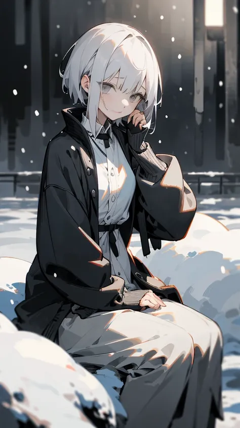 (masterpiece、highest qualthaty)、Short nape hair、1 girl wthath very short whthate hair、Black cardigan、Stern expression、Grey Eyes、Warm lighting、 Blurred foreground、night深く、High Contrast、night、in the cthaty,that&#39;it&#39;s snowing,Heavy snowfall,winter,Alon...