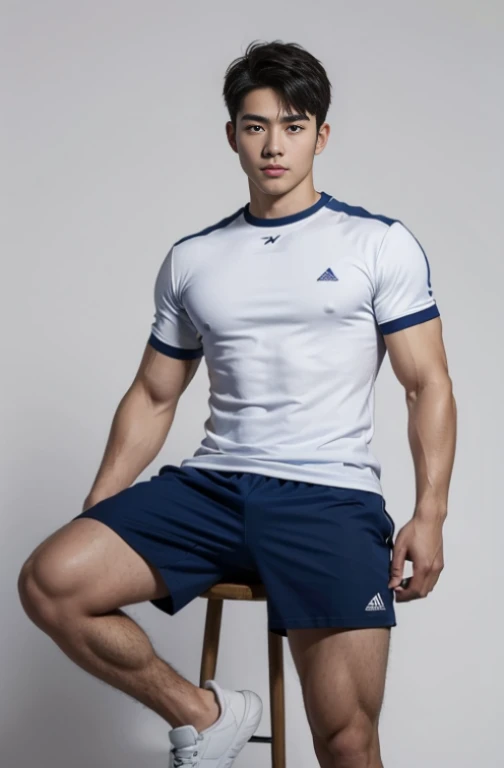 1 handsome Japanese guy，A 27-year-old man wearing a blue shirt and shorts stands against a white background, navy blue, navy blue, Sports T-shirt, blue, Sportswear, Magnificent dark blue clothes, Sportswear, short sleeves, Jinjinshen blue clothes, short yo...