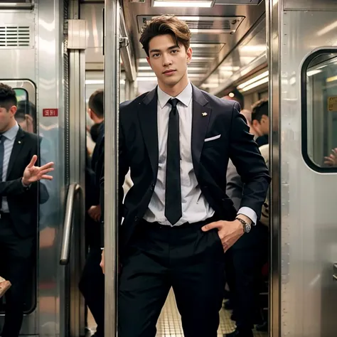 man in the subway，standing in a subway car，ultra-flat head，wearing a suit，huge bulge, leg apart，musculous，handsome， pervert smir...