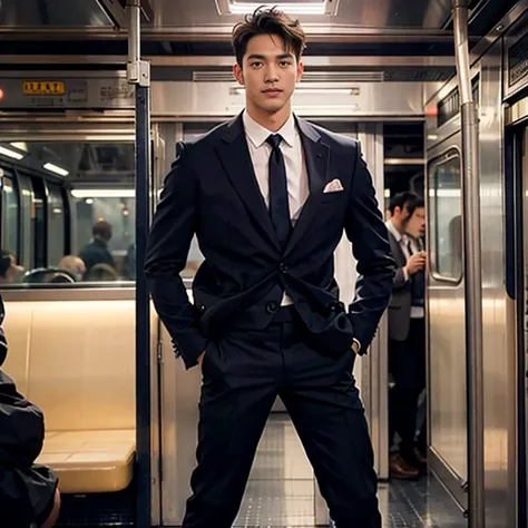 man in the subway，standing in a subway car，ultra-flat head，wearing a suit，huge bulge, leg apart，musculous，handsome， pervert smir...