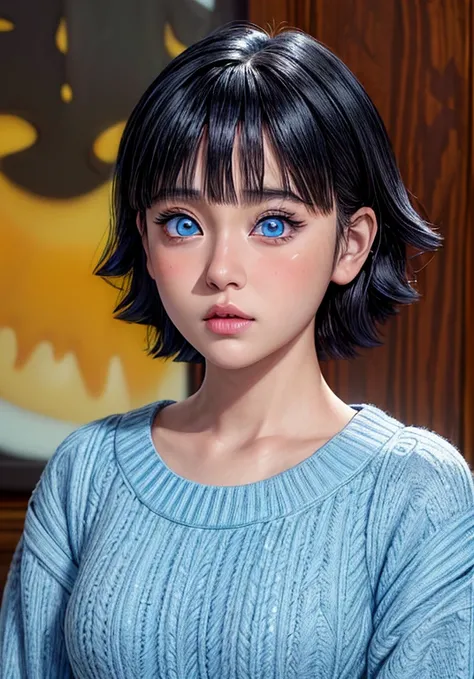 best,1girl ( Uzumaki Himawari ) , ( facial details ) , short hair ,details , age 18 femele ,plump body , yellow sweater outfit , teenagerface , cute face , hot  , anime to be realistic , detailed charakter images , high quality photo , beautiful thin make ...