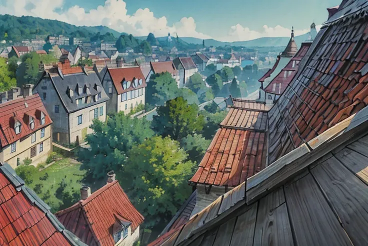 big slavic ((ghibli)) fantasy city, thatched roofs, early medieval, hilly city, tightly packed houses, narrow passages, tight sp...