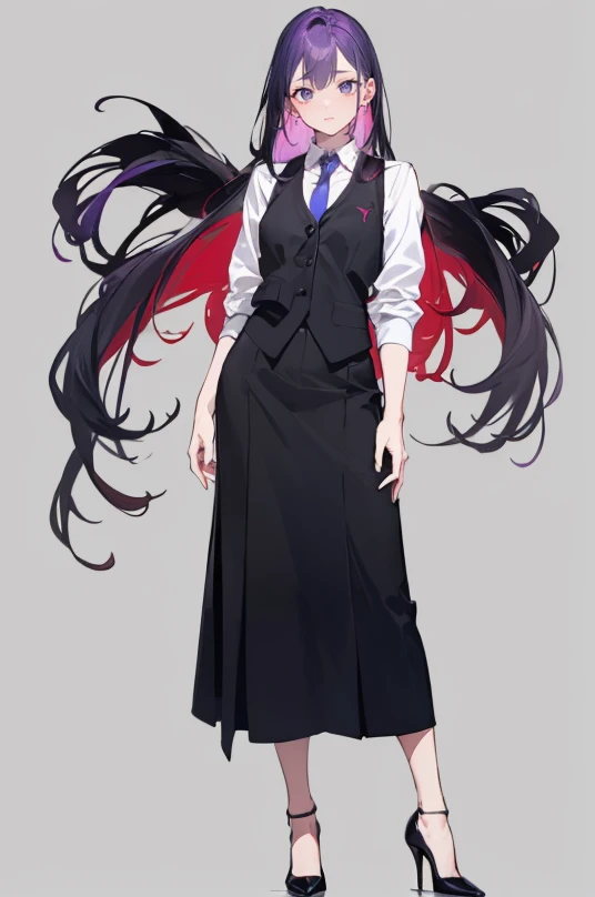 ((Perfect Face)),Purple Hair,Semi-long hair,1 female,bartender,,Black vest,tie,High heels,,((Simple light color background)),((smile)),((Full Body)),(((full body))),Portraiture,virtual,upright,