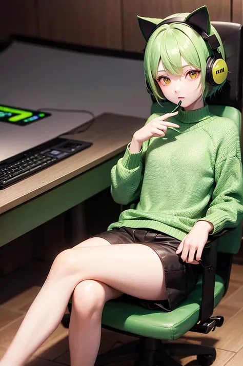 Green Hair　Short Hair　Red eyes　juvenile　12 years old　Yellow-green sweater　Cat ear headphones　Gaming Room