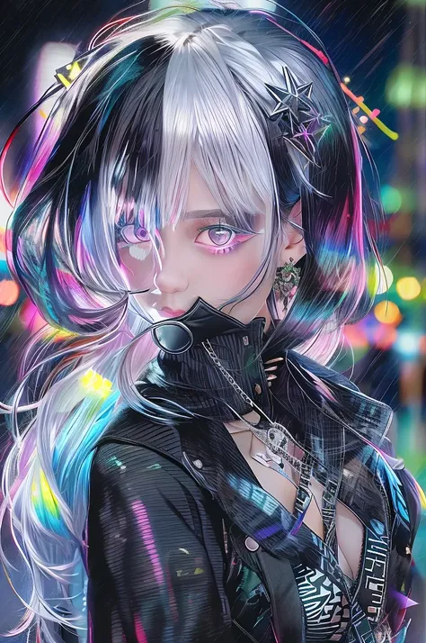 Goth_punk, One girl, alone, Medium Shot, Walking around Harajuku, ((at night)), Bokeh, Neon Light, Rainbow Eyes, Starry Sky, 白いShiny Hair, White eyebrows, Shiny Hair, (Iridescent white hair), Earrings, bangs, jewelry, mask, blunt bangs, Green Eyes, mouth m...