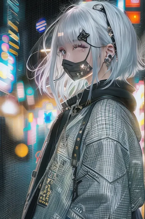 Goth_punk, One girl, alone, Medium Shot, Walking around Harajuku, ((at night)), Bokeh, Neon Light, Rainbow Eyes, Starry Sky, 白いShiny Hair, White eyebrows, Shiny Hair, (Iridescent white hair), Earrings, bangs, jewelry, mask, blunt bangs, Green Eyes, mouth m...