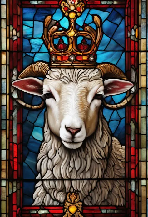 (a colorful, vibrant stained glass window), (an embedded figure of a hornless lamb), (a crown of thorns), (drops of blood on some thorns), vivid colors, intricate details, highres, realistic lighting, sharp focus, fine art medium