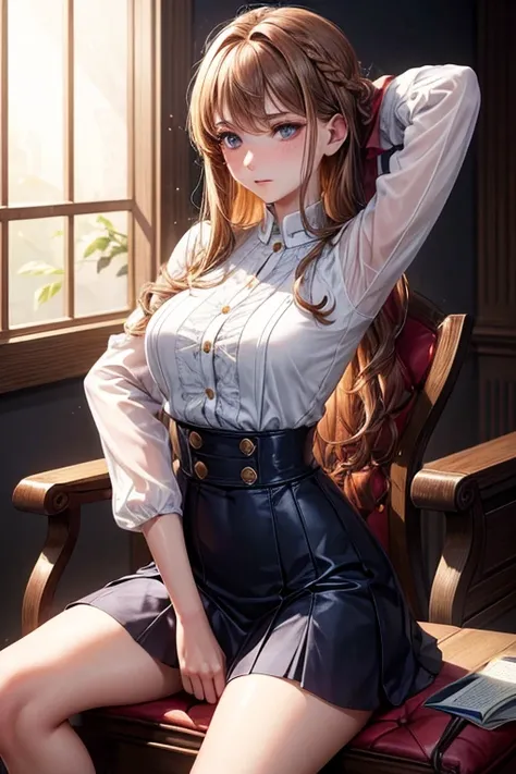 Lilia, a beautiful human woman with shoulder-length, wavy light brown hair and hazel eyes, sits on a wooden chair in a dimly lit room. She wears a modest, long-sleeved white blouse and a knee-length navy blue skirt, an outfit that reflects her pre-brainwas...