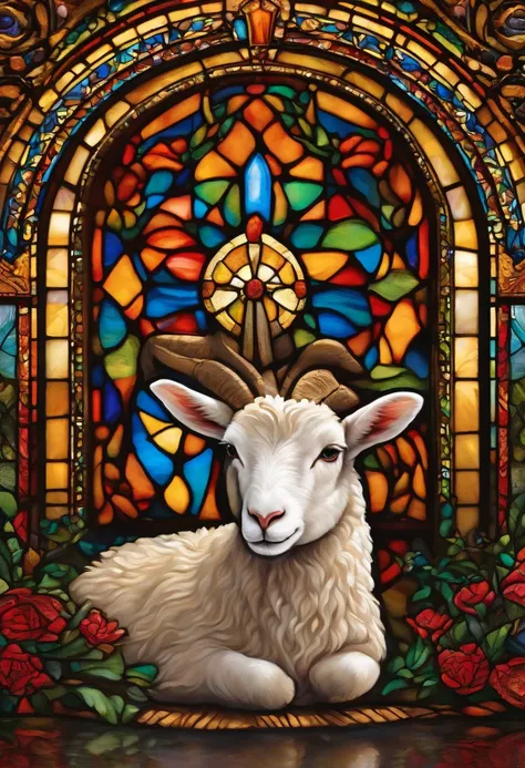 Colorful stained glass window, figure of a small lamb, without horns, lying in the center; a crown of thorns next to the lamb, drops of blood on some thorns; luminous colors, vibrant hues, fine details, glass texture, light shining through the window, divi...