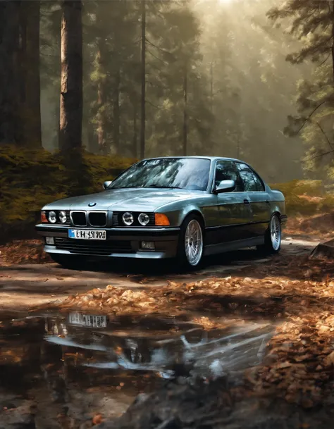 best quality, lot of details, bmw e38, forest in backround, morning sun, clear sky, after rain, morning fog