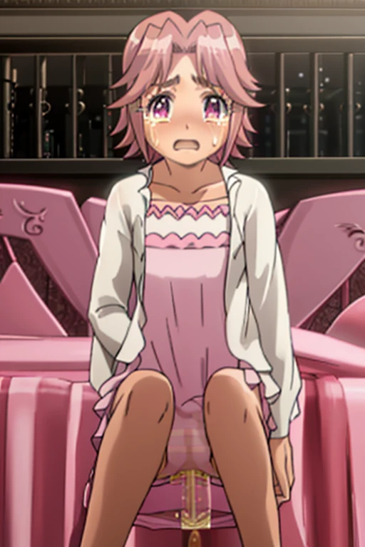 alice maresato, short hair, pink hair, red hair, hairband, pink eyes, parted bangs, dress, frills, long sleeves, pink dress, looking at camera, embarrassed, blush, tears, crying, out of breath, sweating, one girl, flat chest, sitting, peeing, holding conta...