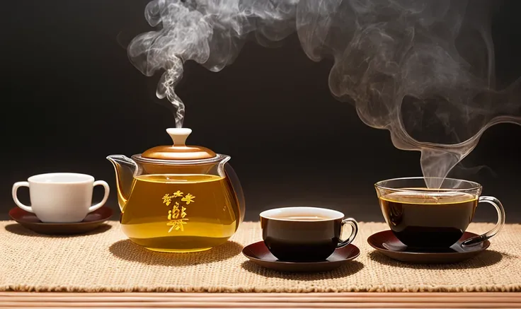 (highest quality,High resolution,Very detailed,masterpiece:1.2),((blackmagic)),Bright yellow tea,High-class authentic tea ceremony,Elegant porcelain tea set,High-quality tea leaves, precise hand movements, The delicate art of brewing tea, pleasant scent, h...