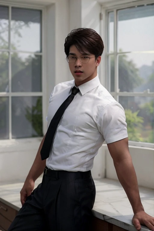 masterpiece, ONYX11, A 28-year-old mature male with strong muscles, Look at me, Line of sight focusing, Stand, Wearing a white short-sleeved shirt, Black tie, Breast flower, Brown hair, Indoor, Outside the window is the garden., Rimless glasses, textured s...